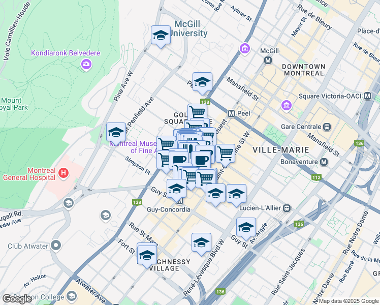 map of restaurants, bars, coffee shops, grocery stores, and more near 2163 Rue Crescent in Montréal