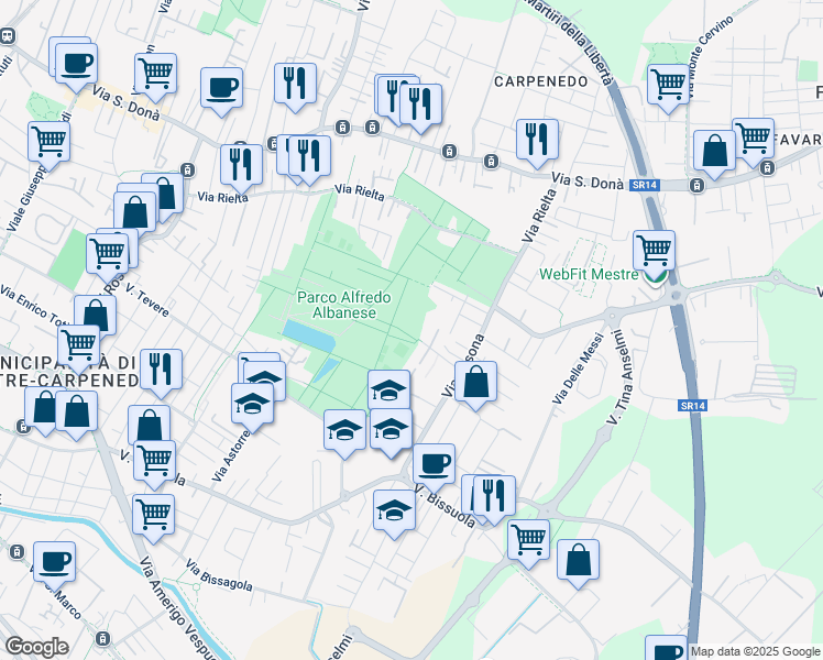 map of restaurants, bars, coffee shops, grocery stores, and more near 23 Via Marziale Valerio in Venezia