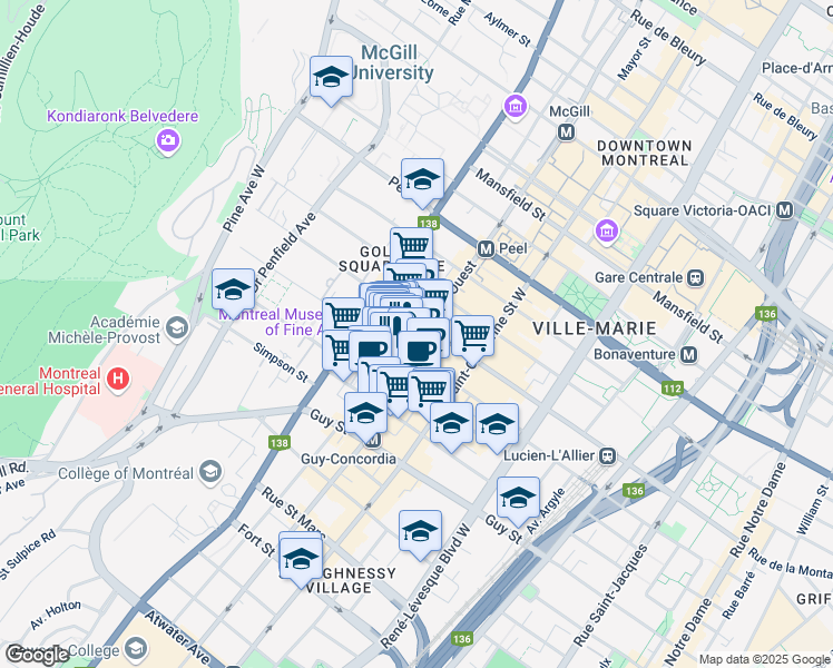 map of restaurants, bars, coffee shops, grocery stores, and more near 1315 Boulevard De Maisonneuve Ouest in Montreal