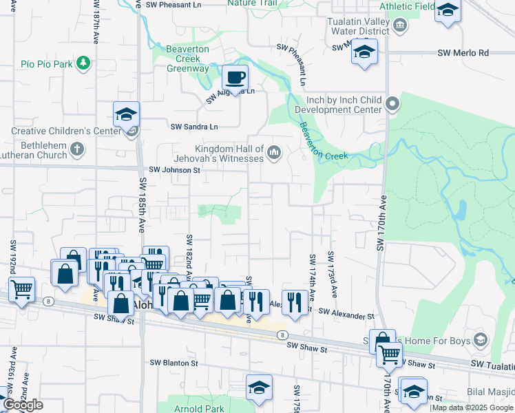 map of restaurants, bars, coffee shops, grocery stores, and more near 17792 Southwest Harper Court in Beaverton
