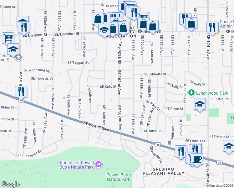 map of restaurants, bars, coffee shops, grocery stores, and more near 3340 Southeast 161st Avenue in Portland