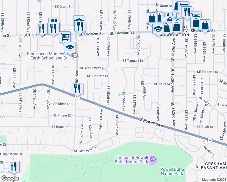 map of restaurants, bars, coffee shops, grocery stores, and more near 3324 Southeast 153rd Avenue in Portland