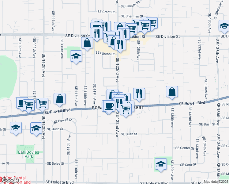 map of restaurants, bars, coffee shops, grocery stores, and more near 3317 Southeast 122nd Avenue in Portland