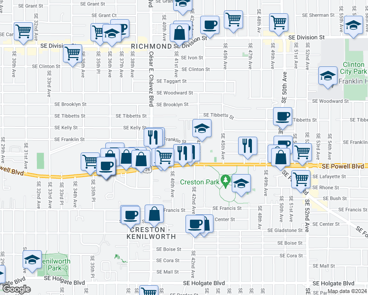 map of restaurants, bars, coffee shops, grocery stores, and more near in Portland