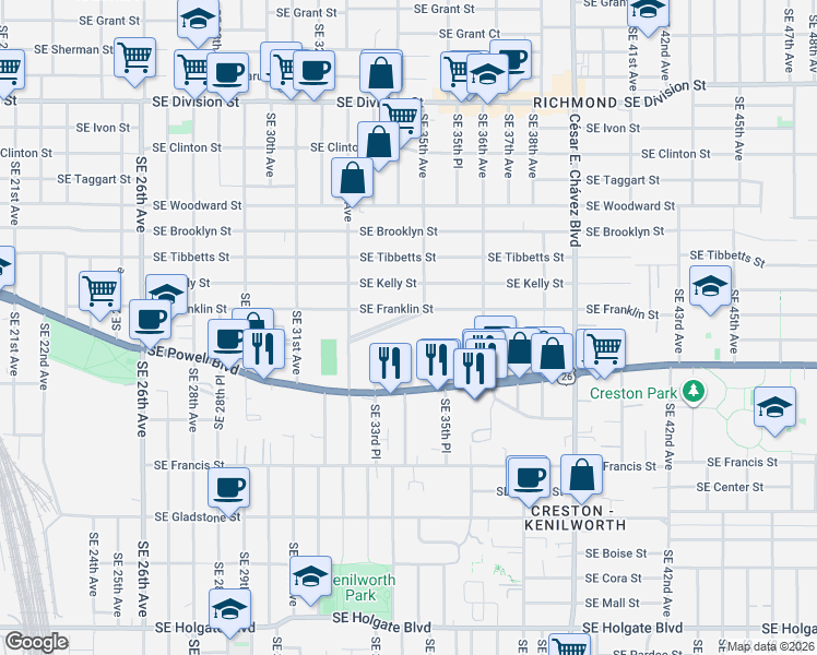 map of restaurants, bars, coffee shops, grocery stores, and more near 3386 Southeast Waverleigh Boulevard in Portland