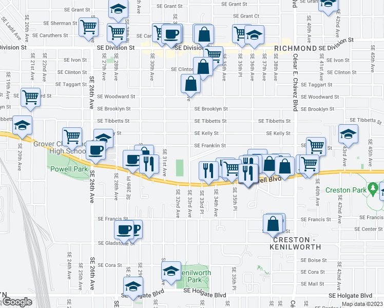 map of restaurants, bars, coffee shops, grocery stores, and more near 3324 Southeast Waverleigh Boulevard in Portland