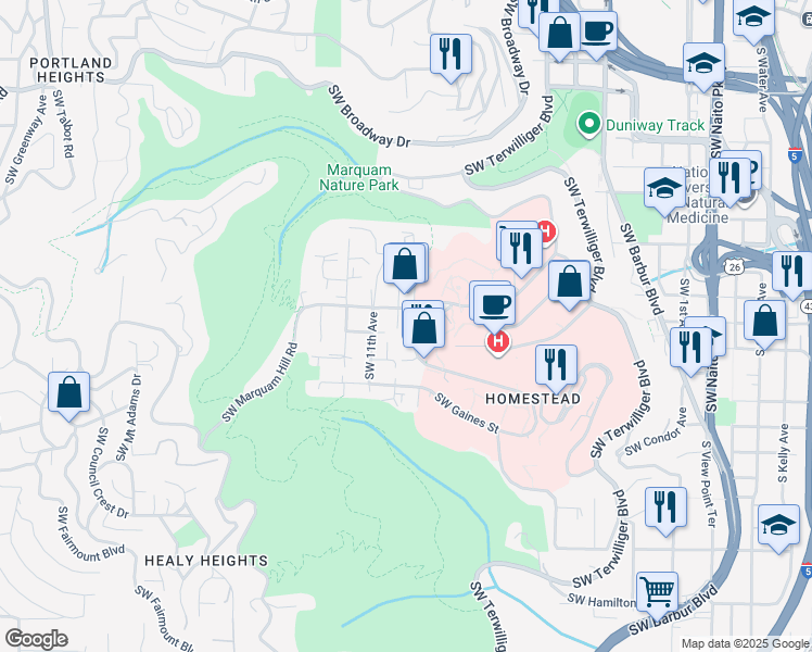 map of restaurants, bars, coffee shops, grocery stores, and more near 3409 Southwest US Veterans Hospital Road in Portland