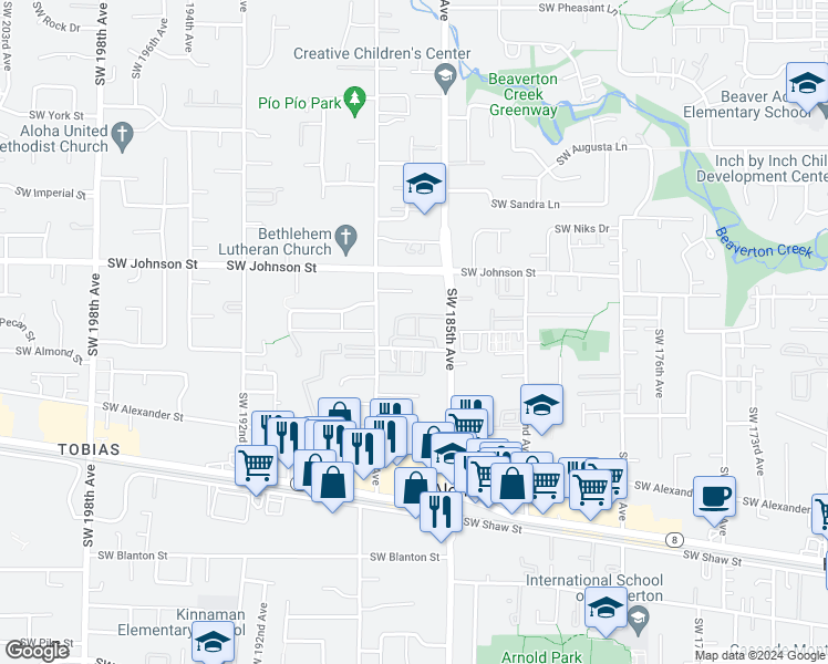map of restaurants, bars, coffee shops, grocery stores, and more near 185 Southwest Cascade Drive in Aloha