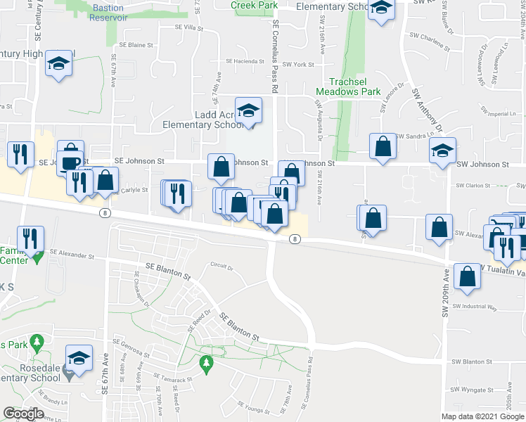 map of restaurants, bars, coffee shops, grocery stores, and more near in Hillsboro