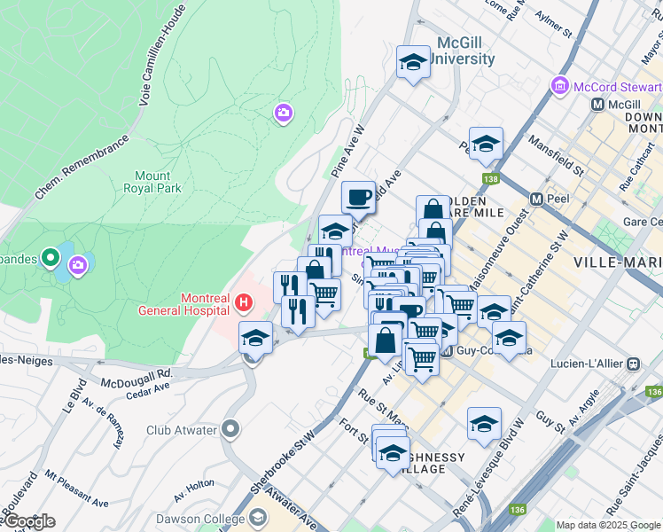 map of restaurants, bars, coffee shops, grocery stores, and more near 1500 Avenue du Docteur-Penfield in Montréal