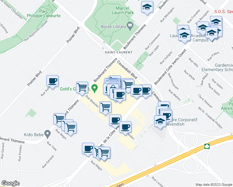 map of restaurants, bars, coffee shops, grocery stores, and more near 3131 Boulevard Cote Vertu Ouest in Montreal