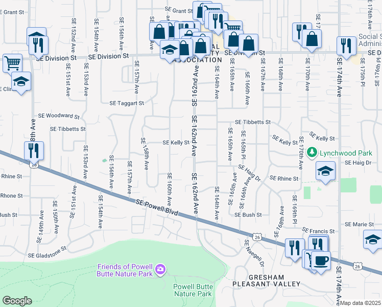 map of restaurants, bars, coffee shops, grocery stores, and more near 3340 Southeast 161st Avenue in Portland