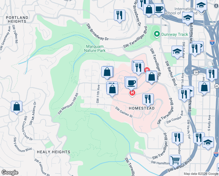 map of restaurants, bars, coffee shops, grocery stores, and more near 3409 Southwest US Veterans Hospital Road in Portland