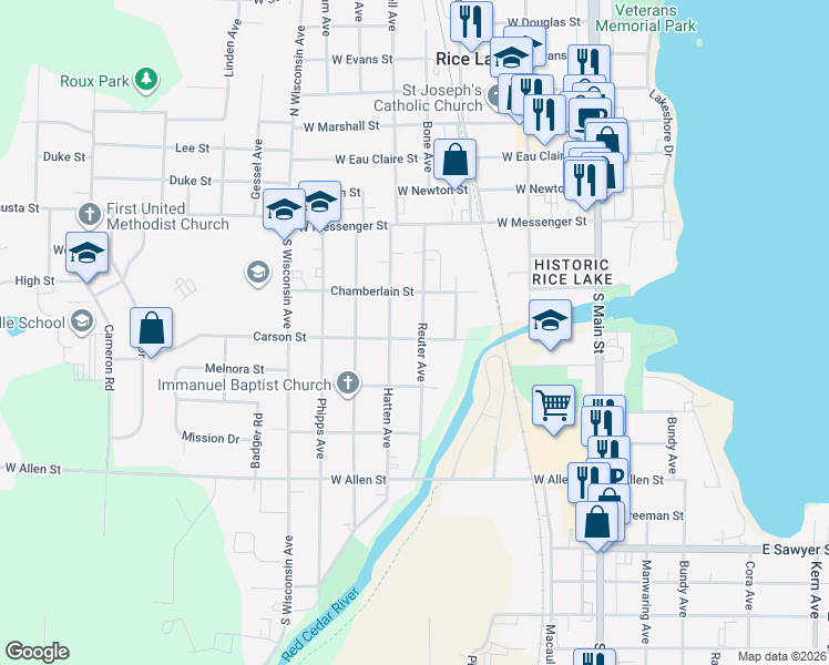 map of restaurants, bars, coffee shops, grocery stores, and more near 211 Reuter Avenue in Rice Lake