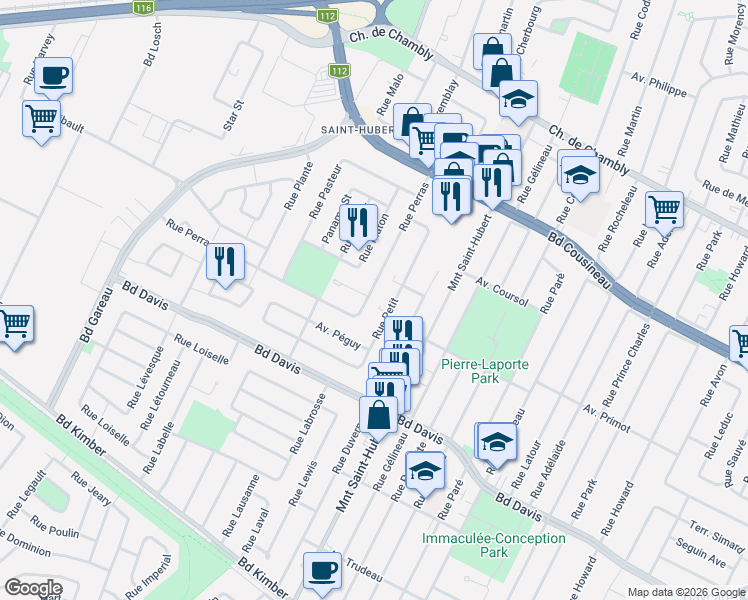 map of restaurants, bars, coffee shops, grocery stores, and more near 3259 Rue Perras in Longueuil