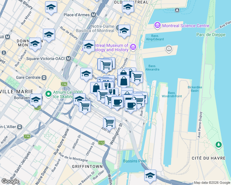 map of restaurants, bars, coffee shops, grocery stores, and more near in Montreal