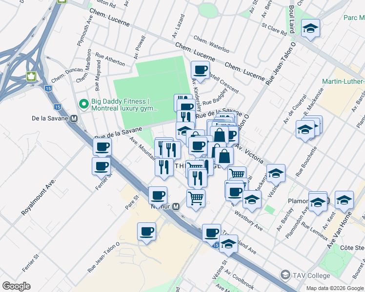 map of restaurants, bars, coffee shops, grocery stores, and more near 5025 Pare Street in Montreal