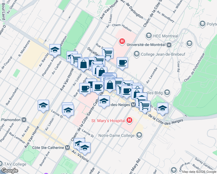 map of restaurants, bars, coffee shops, grocery stores, and more near 5675 Chemin de la Côte-des-Neiges in Montréal