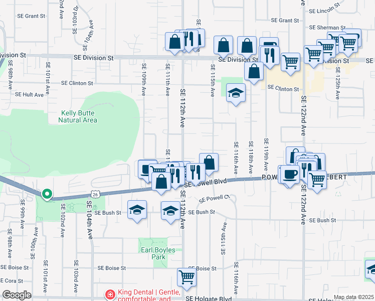 map of restaurants, bars, coffee shops, grocery stores, and more near 3334 Southeast 112th Avenue in Portland
