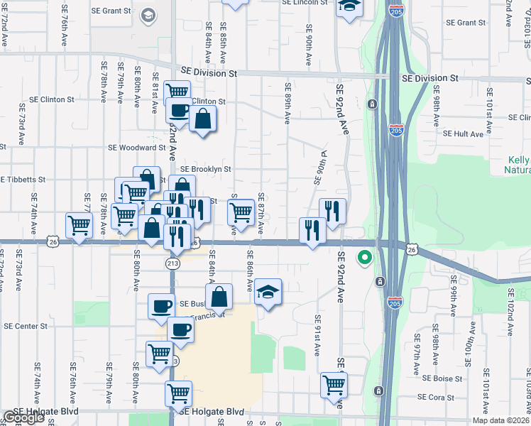 map of restaurants, bars, coffee shops, grocery stores, and more near 8743 Southeast Powell Boulevard in Portland