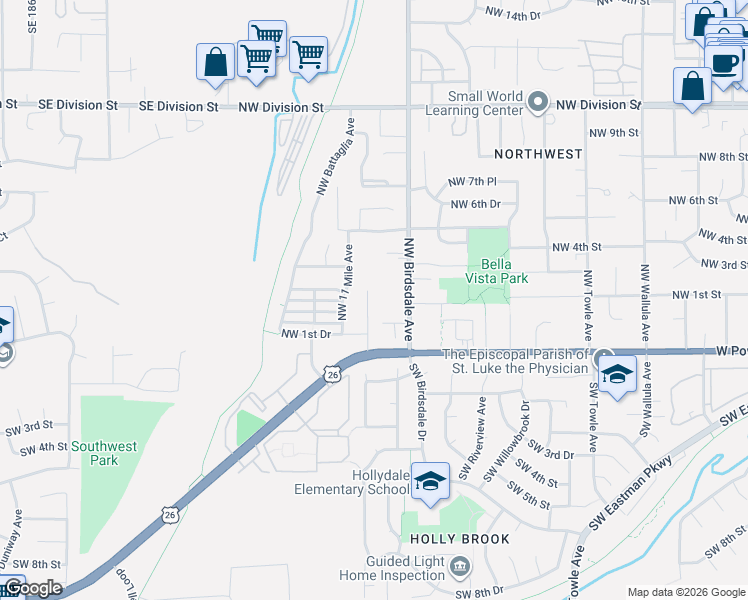map of restaurants, bars, coffee shops, grocery stores, and more near 272 Northwest Mawrcrest Avenue in Gresham