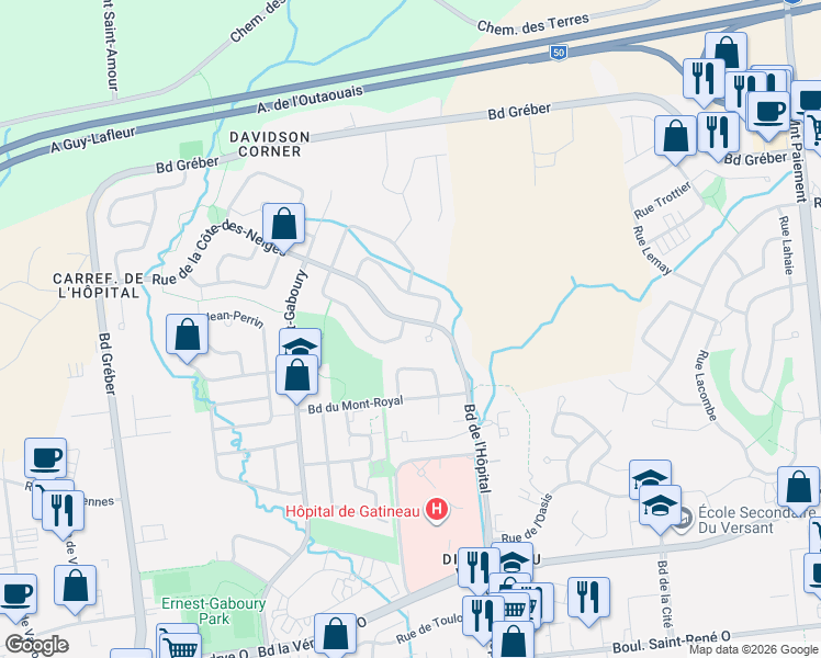 map of restaurants, bars, coffee shops, grocery stores, and more near 8 Rue de la Châtelaine in Gatineau