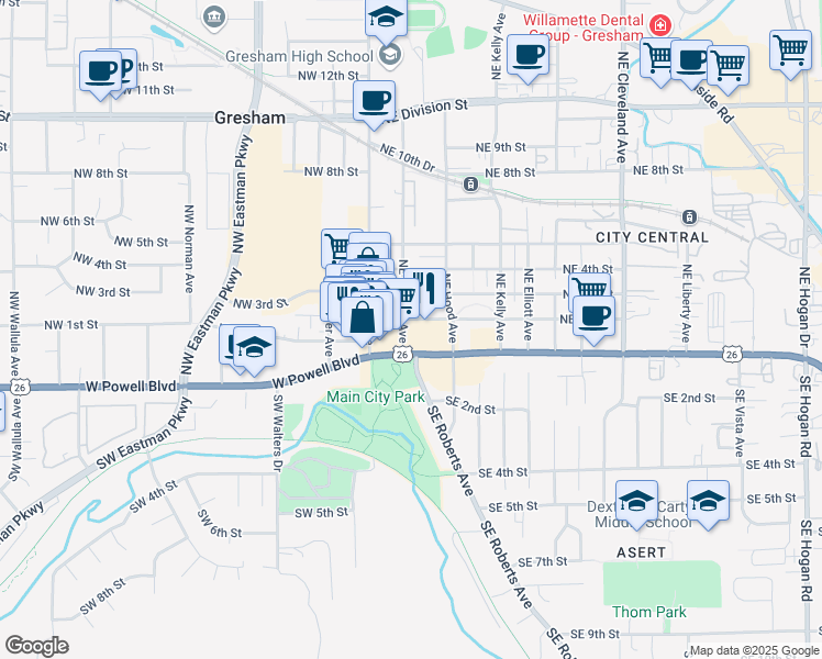 map of restaurants, bars, coffee shops, grocery stores, and more near 43 Powell Boulevard in Gresham