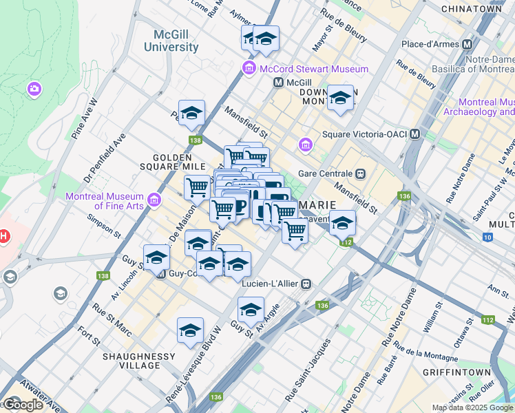 map of restaurants, bars, coffee shops, grocery stores, and more near 1229 Rue de la Montagne in Montréal