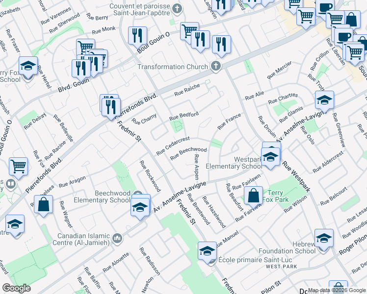 map of restaurants, bars, coffee shops, grocery stores, and more near 114 Rue Beechwood in Dollard-des-Ormeaux