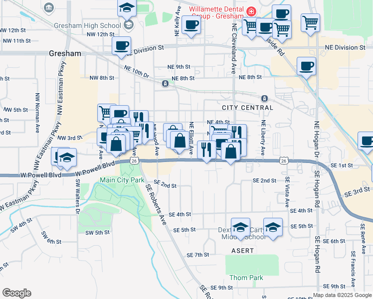 map of restaurants, bars, coffee shops, grocery stores, and more near 530 U.S. 26 in Gresham