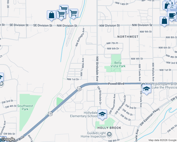 map of restaurants, bars, coffee shops, grocery stores, and more near 154 Northwest 11 Mile Avenue in Gresham
