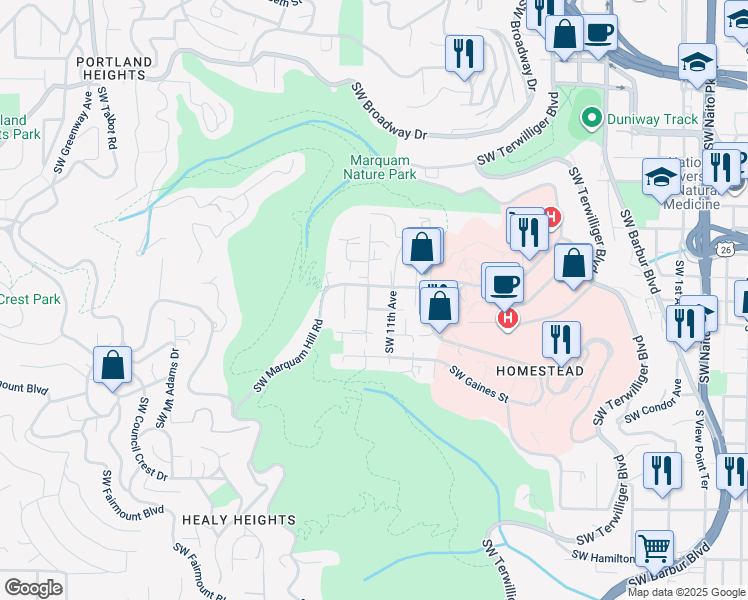 map of restaurants, bars, coffee shops, grocery stores, and more near 3328 Southwest 12th Avenue in Portland