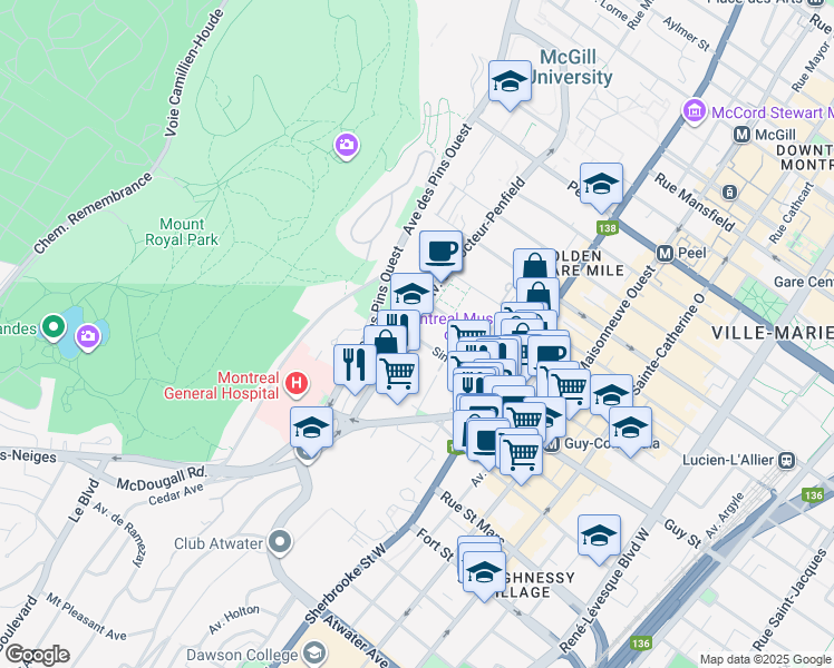 map of restaurants, bars, coffee shops, grocery stores, and more near 3495 Simpson Street in Montreal