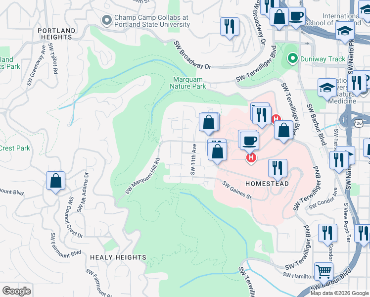 map of restaurants, bars, coffee shops, grocery stores, and more near 3328 Southwest 12th Avenue in Portland