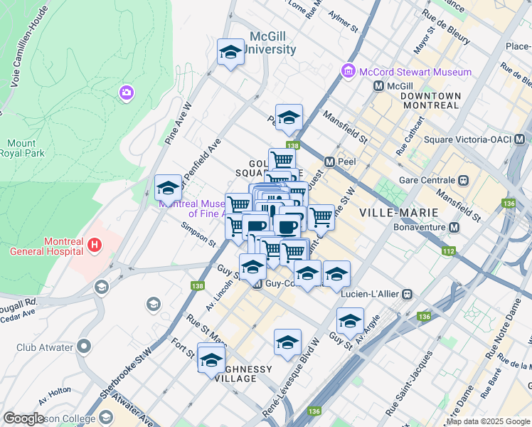map of restaurants, bars, coffee shops, grocery stores, and more near 2163 Rue Crescent in Montréal