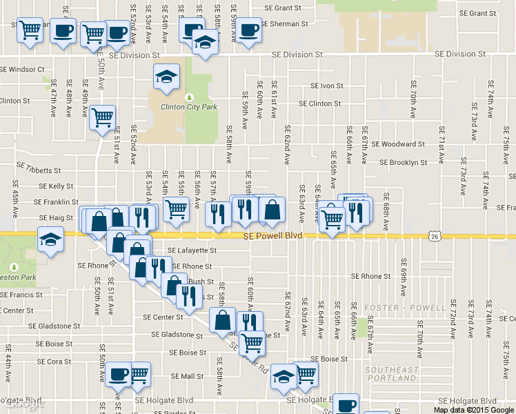 map of restaurants, bars, coffee shops, grocery stores, and more near 5940 Southeast Haig Street in Portland
