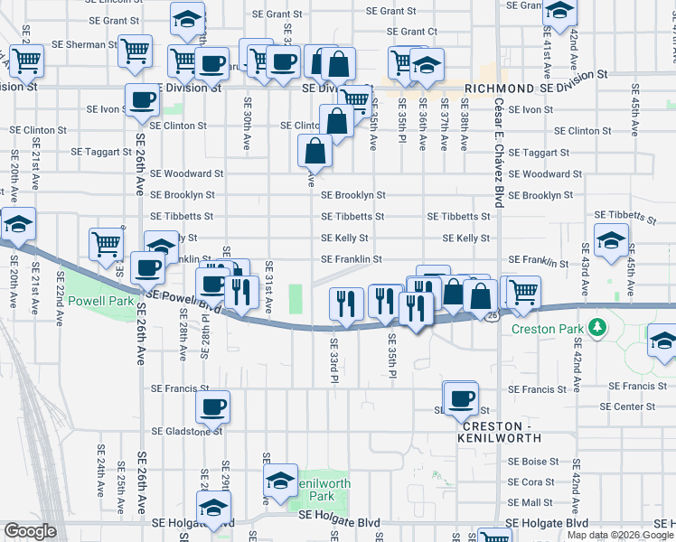 map of restaurants, bars, coffee shops, grocery stores, and more near 3324 Southeast Waverleigh Boulevard in Portland