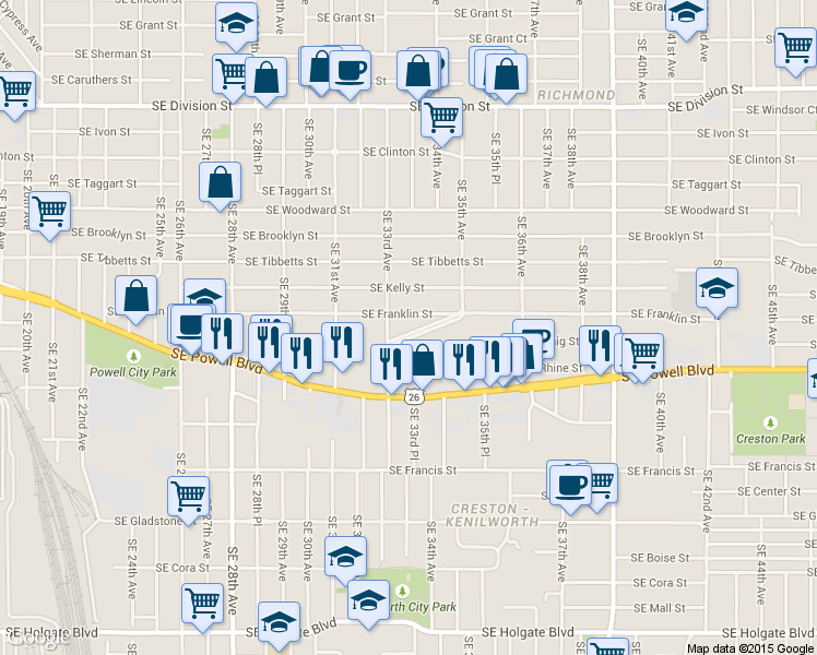 map of restaurants, bars, coffee shops, grocery stores, and more near 3324 Southeast Waverleigh Boulevard in Portland