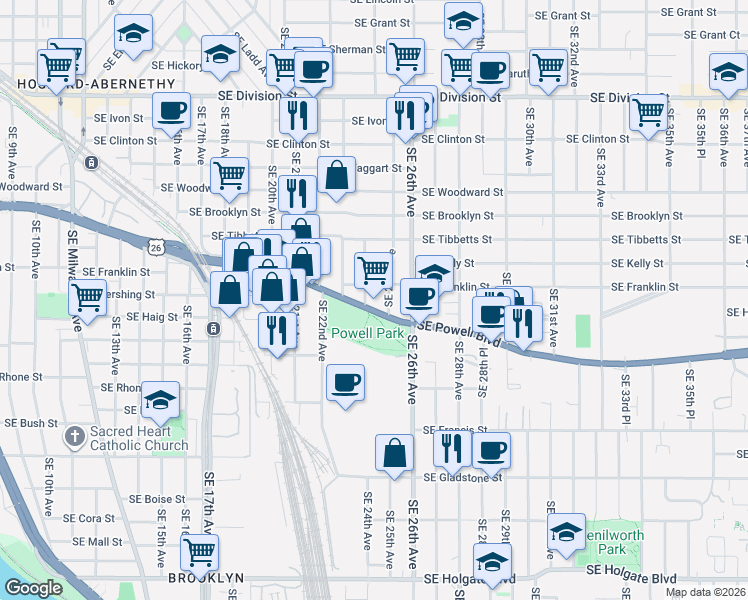 map of restaurants, bars, coffee shops, grocery stores, and more near 2500 Southeast Powell Boulevard in Portland