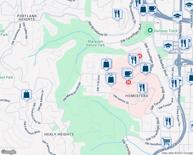 map of restaurants, bars, coffee shops, grocery stores, and more near 3414 Southwest 11th Avenue in Portland