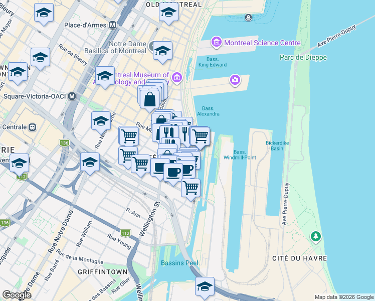 map of restaurants, bars, coffee shops, grocery stores, and more near 34 Rue McGill in Montréal