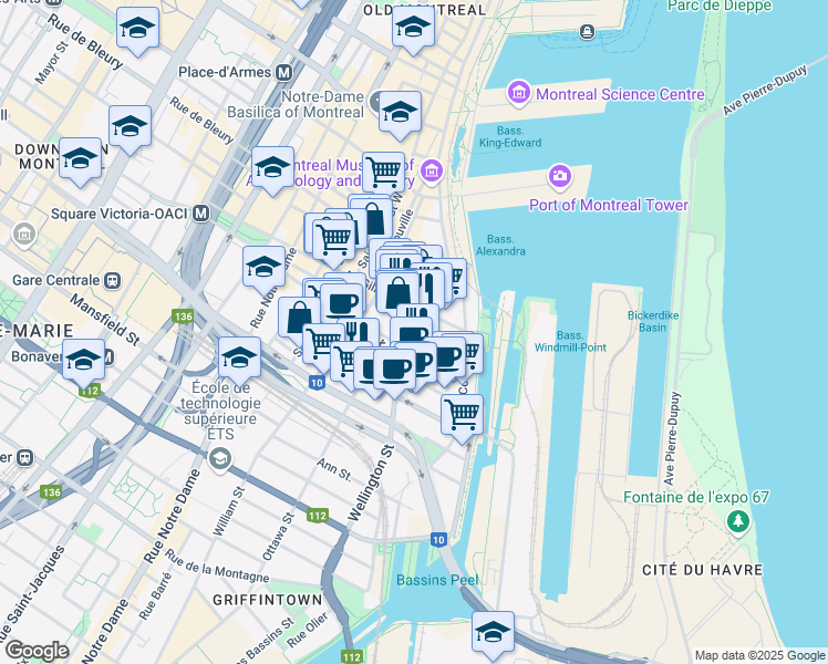 map of restaurants, bars, coffee shops, grocery stores, and more near 90 Rue des Soeurs-Grises in Montréal