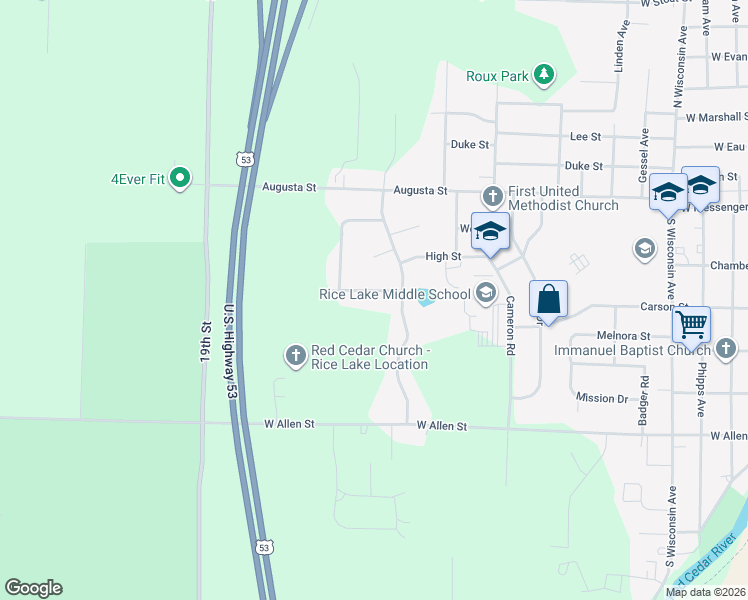 map of restaurants, bars, coffee shops, grocery stores, and more near 210 Royal Crest Drive in Rice Lake