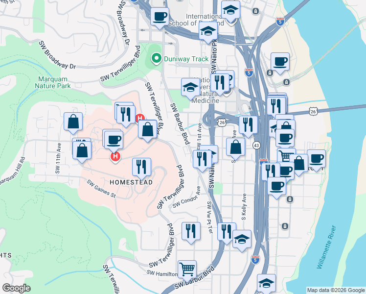 map of restaurants, bars, coffee shops, grocery stores, and more near 223 South Whitaker Street in Portland