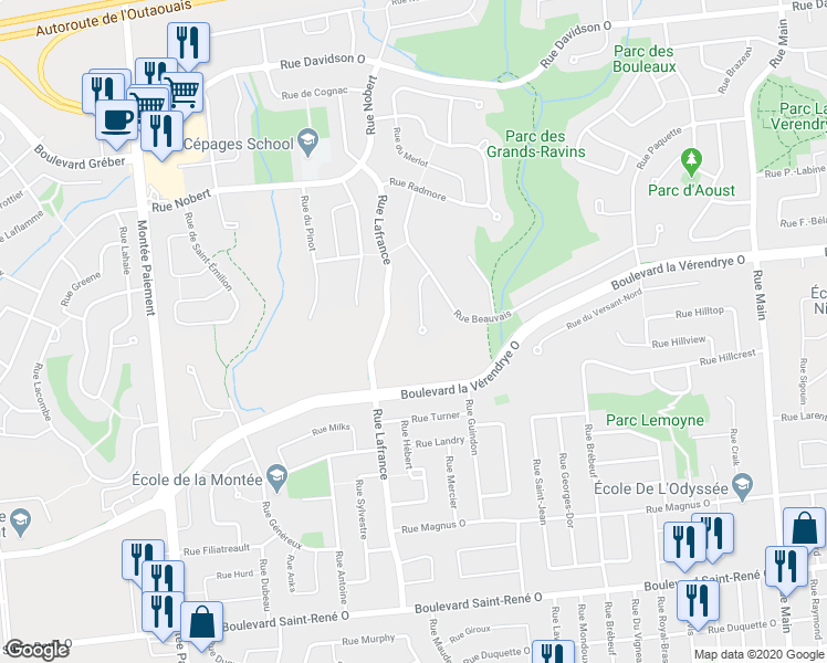 map of restaurants, bars, coffee shops, grocery stores, and more near 43 Impasse de la Costa in Gatineau