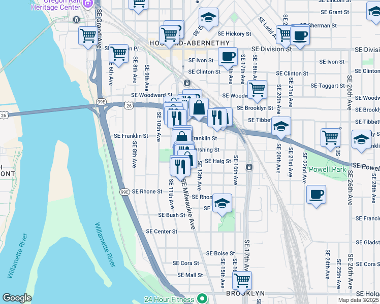 map of restaurants, bars, coffee shops, grocery stores, and more near 1178 Southeast Pershing Street in Portland