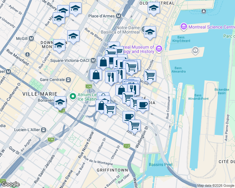 map of restaurants, bars, coffee shops, grocery stores, and more near in Montreal
