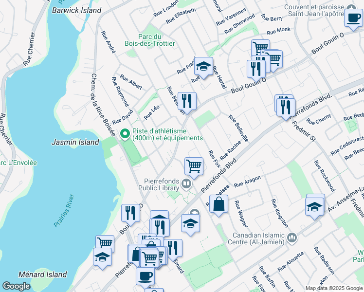 map of restaurants, bars, coffee shops, grocery stores, and more near 13658 Boulevard Gouin Ouest in Montréal