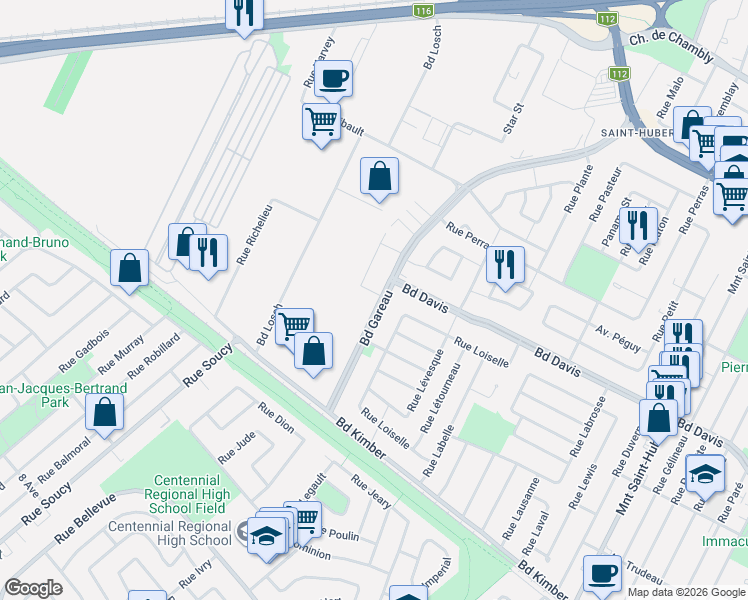 map of restaurants, bars, coffee shops, grocery stores, and more near 3872 Boulevard Gareau in Longueuil