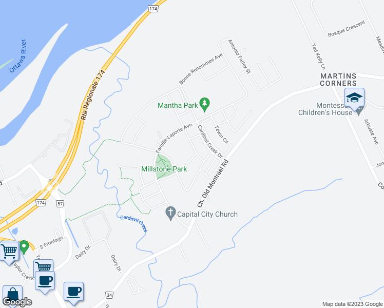 map of restaurants, bars, coffee shops, grocery stores, and more near 369 Mishawashkode Street in Ottawa